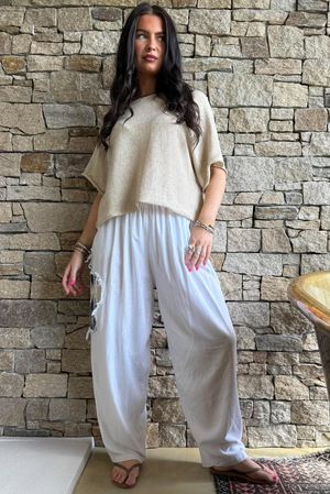 Lindin Linen Blend Crochet Flower Barrel Pant White